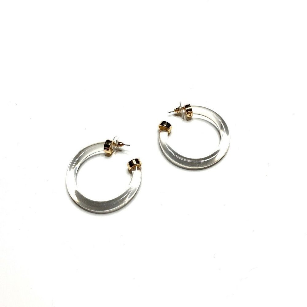 Clear ACRYLIC 3/4 Hoop Earrings‎ Thick Center Gold Fixtures of Ends 2" Diameter